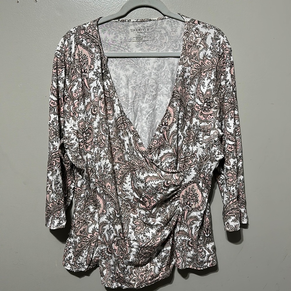 Talbots Woman Cotton Spandex Blend Pull Over Paisley Cross Front 3/4 Sleeve Top